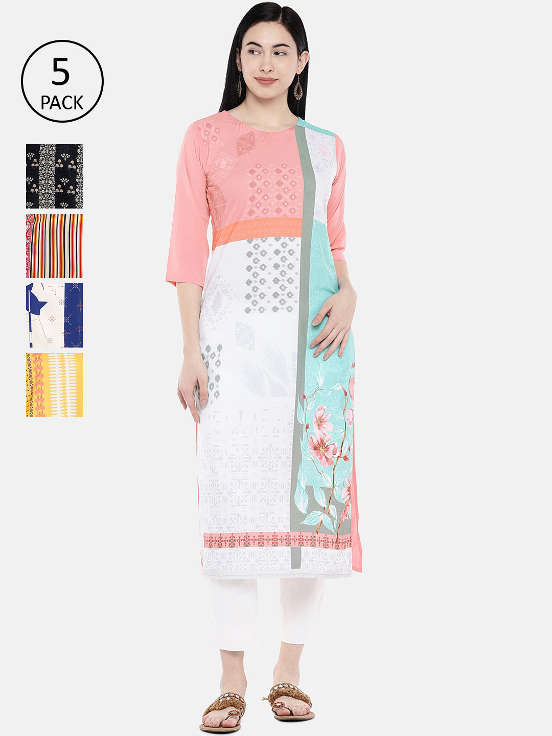 

7Threads Women Multicoloured Ethnic Motifs Printed Crepe Kurta Pack of 5, Multi