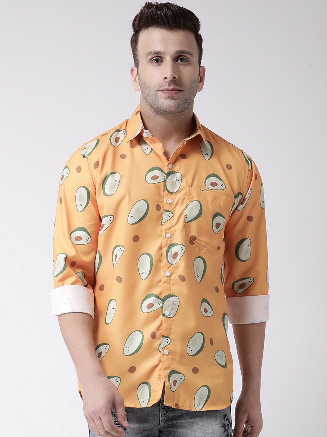 

hangup trend Men Orange & Green Slim Fit Printed Casual Shirt