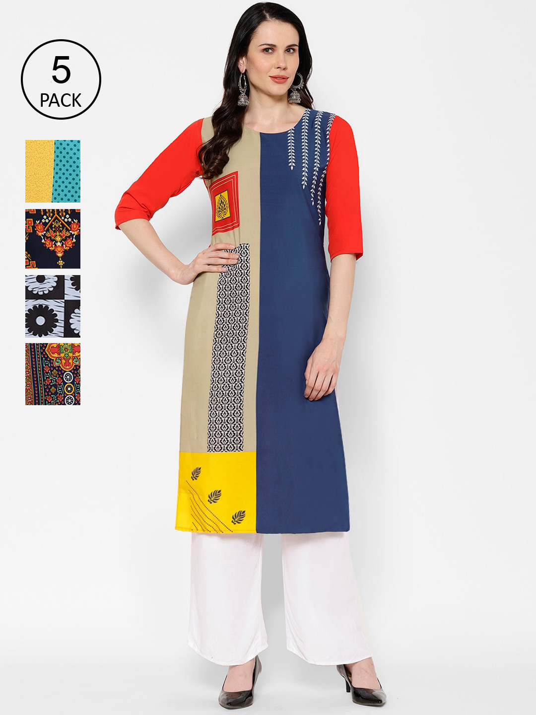 

7Threads Pack Of 5 Printed Crepe Round Neck Regular Sleeves Kurtas, Navy blue