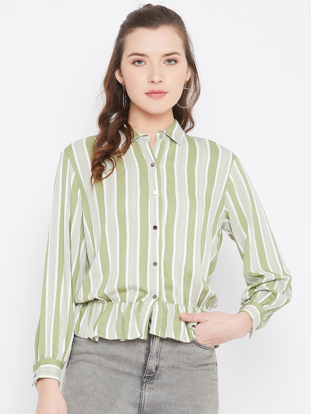 

Octave Women Green & Off-White Regular Fit Striped Casual Shirt