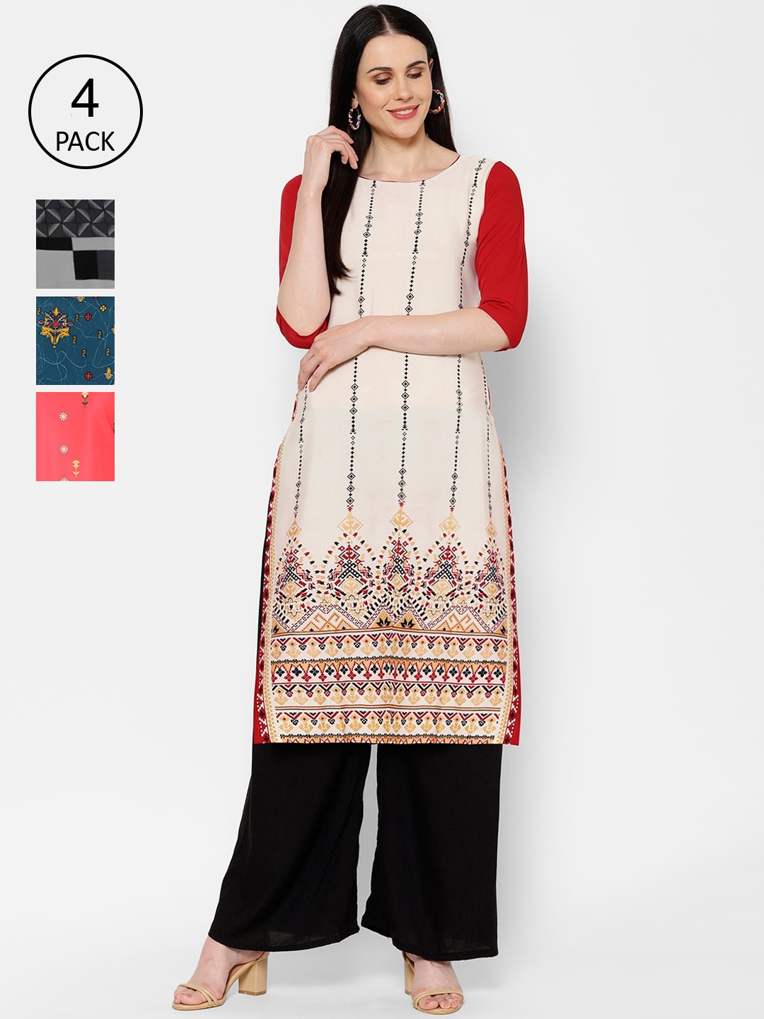 

7Threads Pack Of 4 Digital Printed Crepe Kurtas, Multi