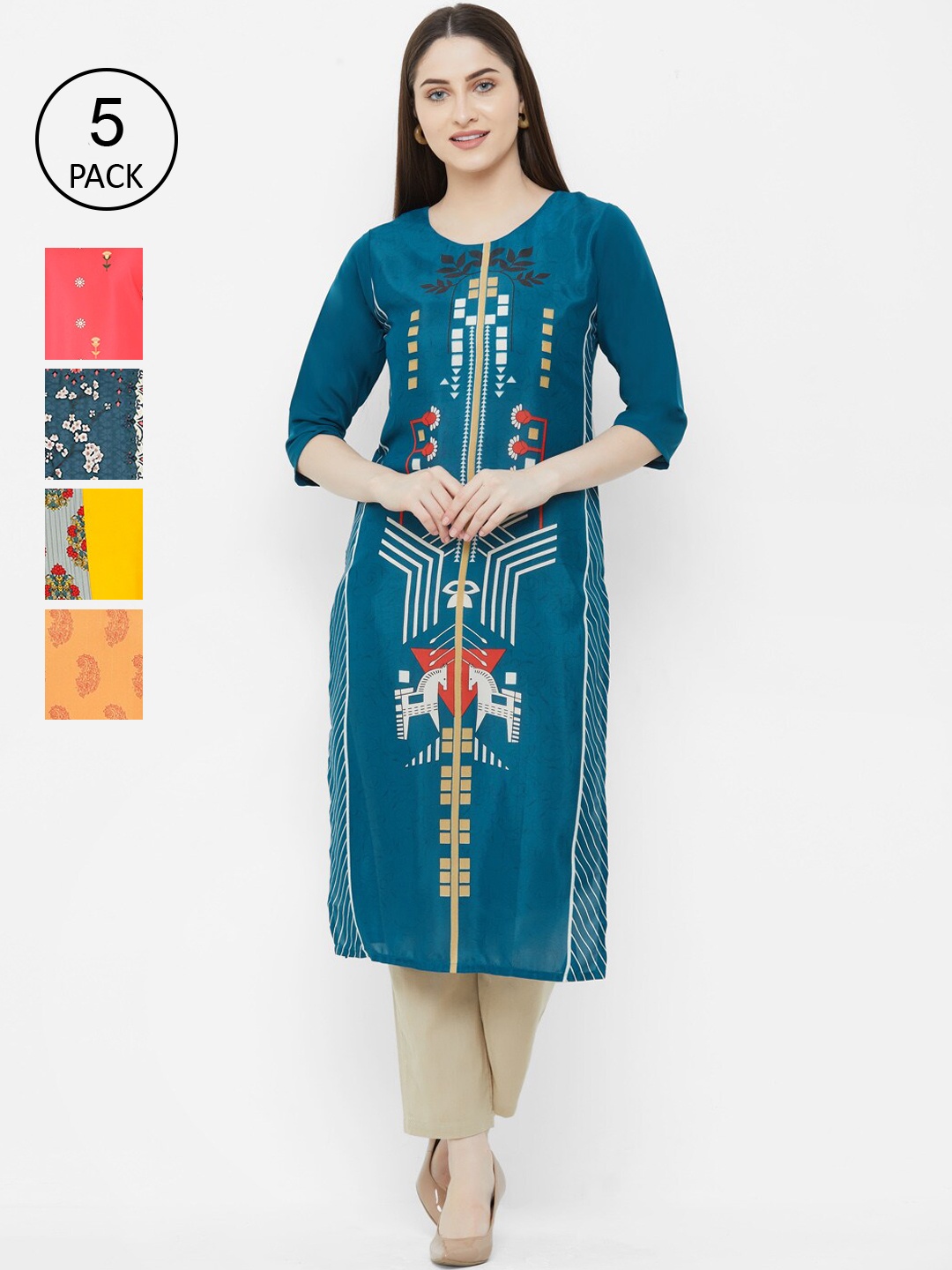 

7Threads Women Multicoloured Printed Crepe Kurta Pack of 5, Multi