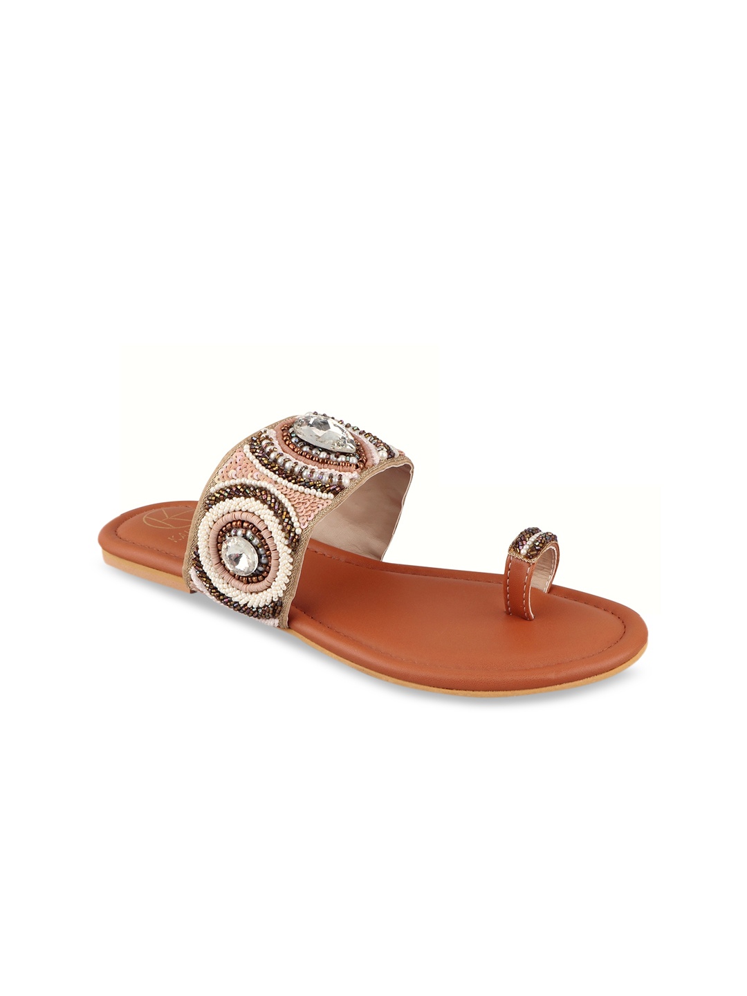 

KALTHEOS Women Tan Embellished Fabric One Toe Flats