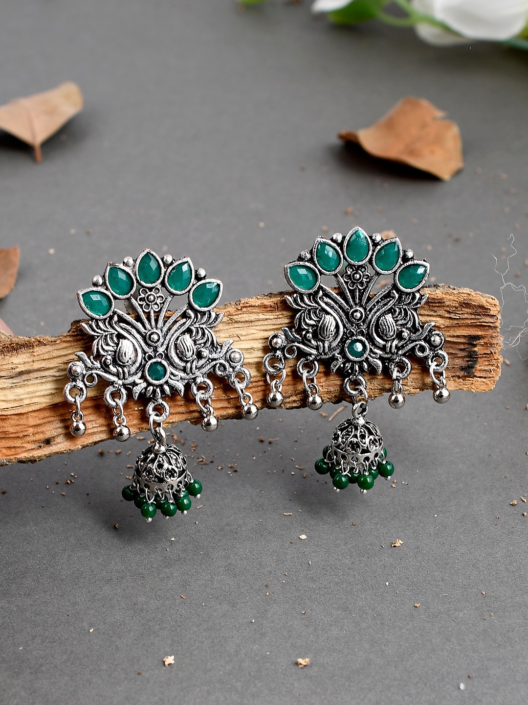 

Silvermerc Designs Green & Silver-Plated Handcrafted Oxidised Floral Drop Earrings