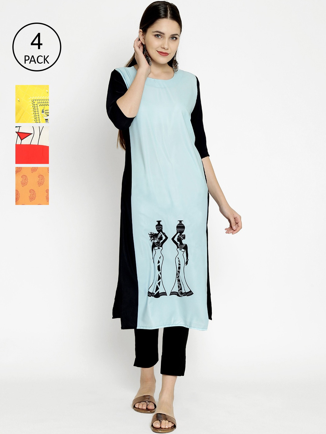 

7Threads Pack Of 4 Geometric Printed Crepe Kurta, Multi