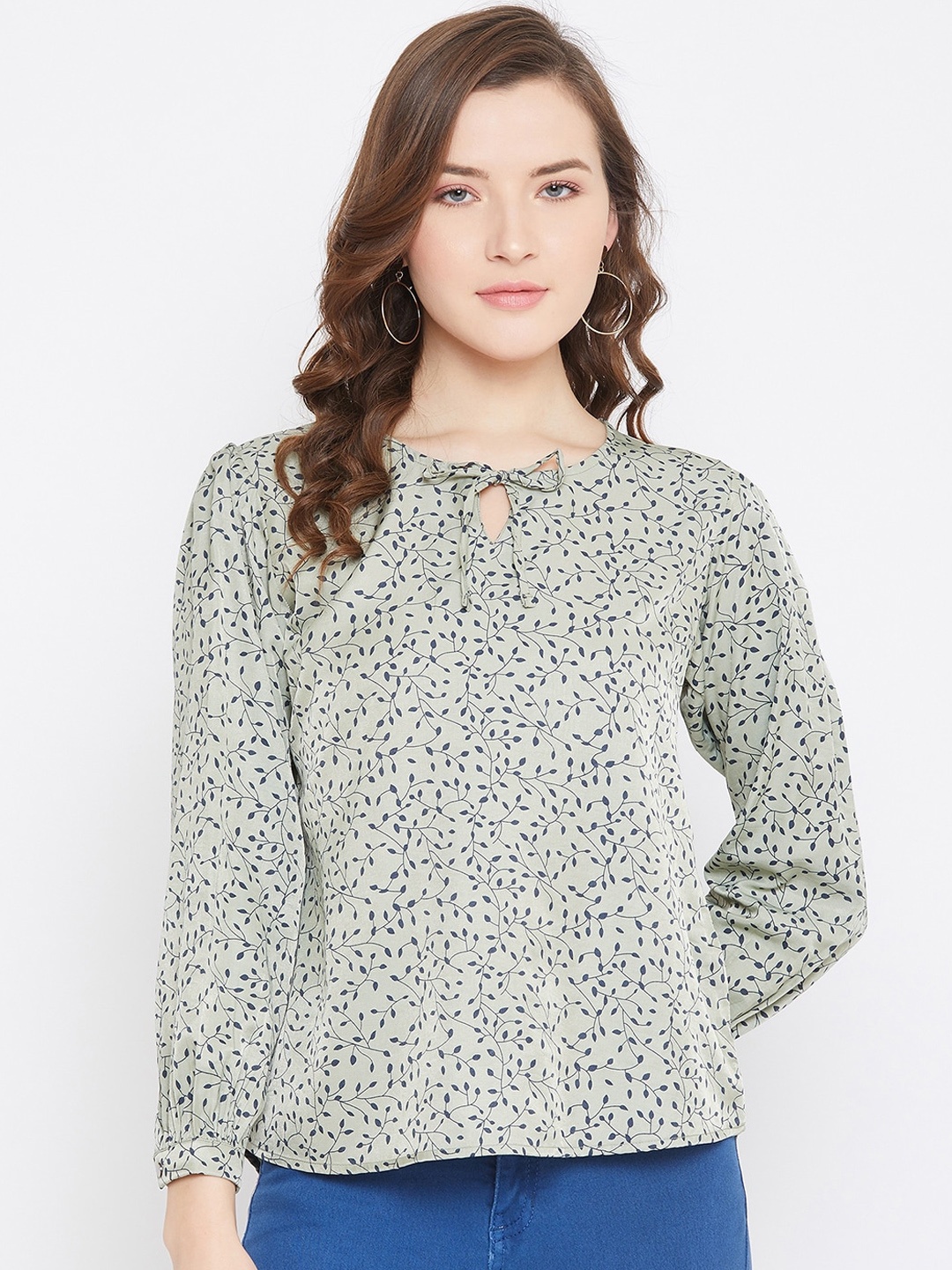 

Octave Women Sea Green Floral Printed Tie-Up Neck Top