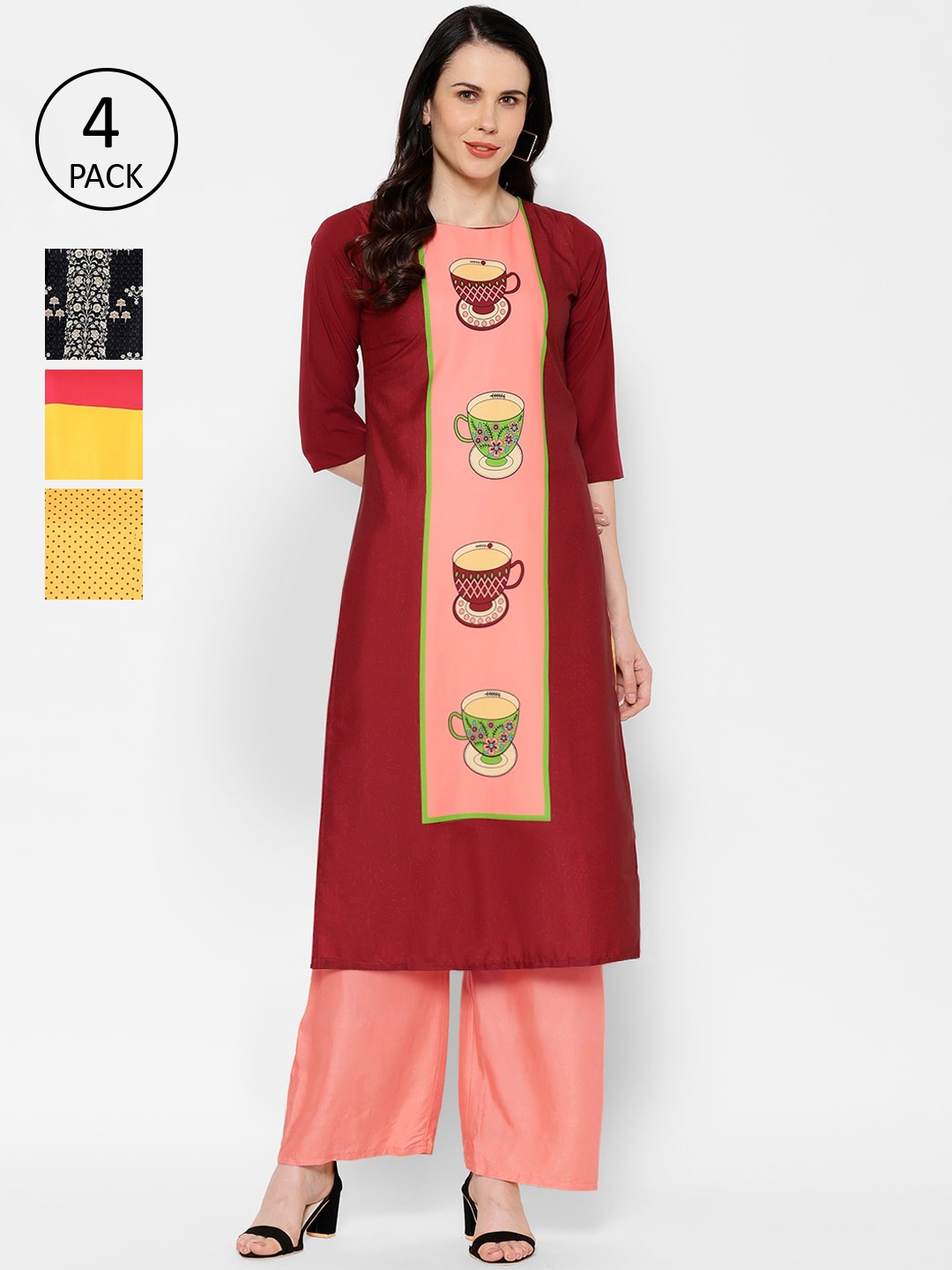 

7Threads Multicoloured Pack of 4 Quirky Printed Crepe Kurta, Multi