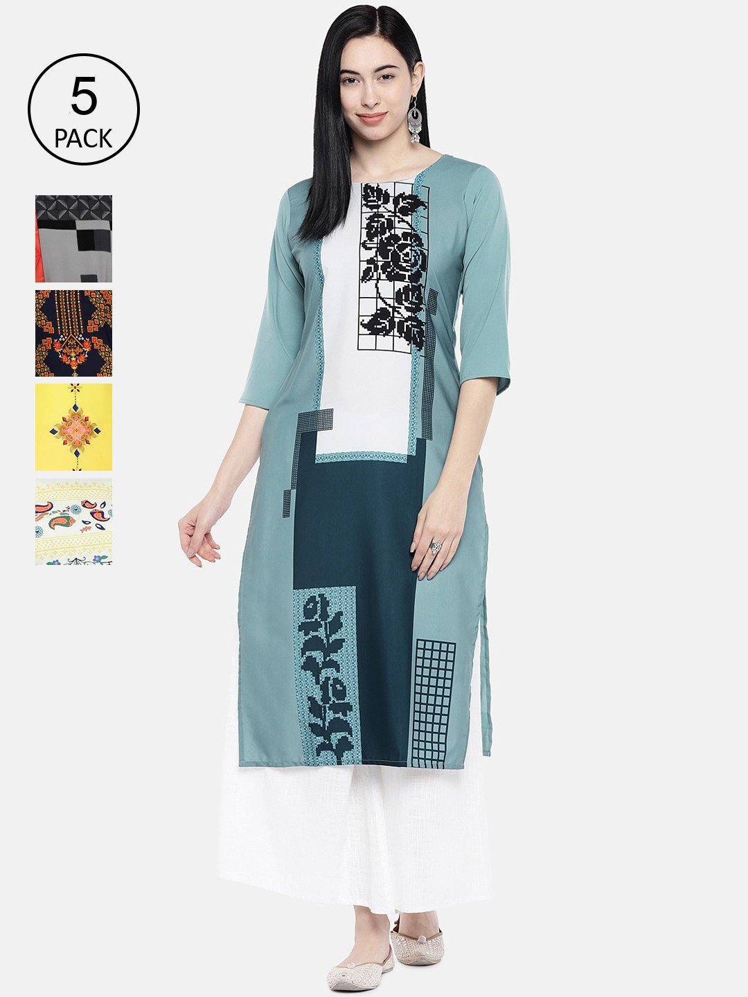 

7Threads Multicoloured Pack Of 5 Floral Printed Crepe Kurtas, Multi