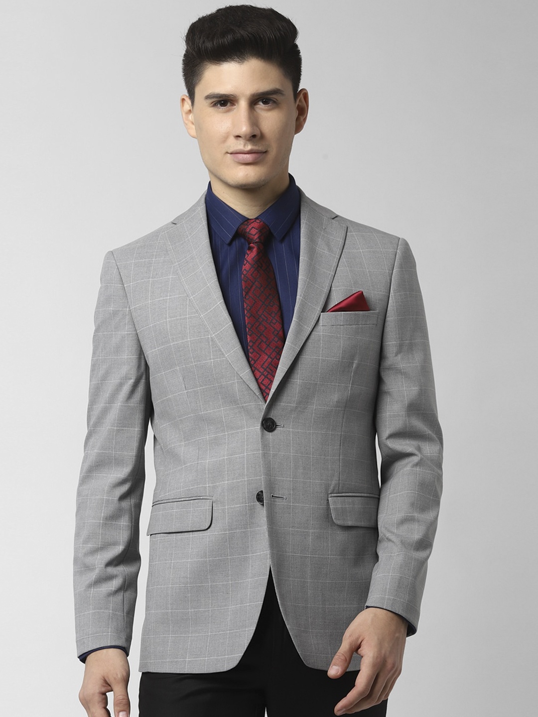 Peter England Elite Men Grey Checked Slim-Fit Single-Breasted Blazer