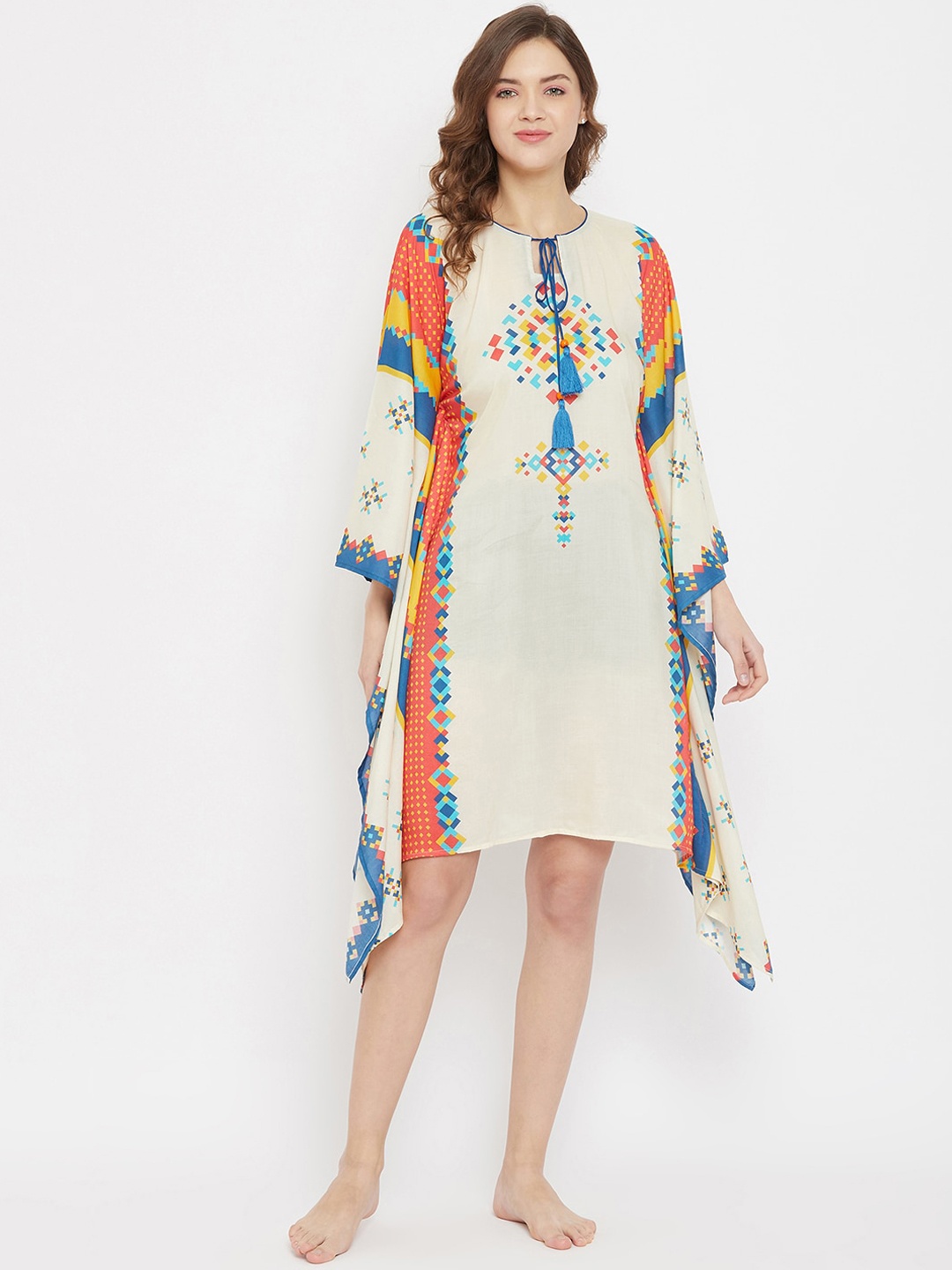 

The Kaftan Company Women Cream-Coloured & Orange Printed Swimwear Cover Up Dress