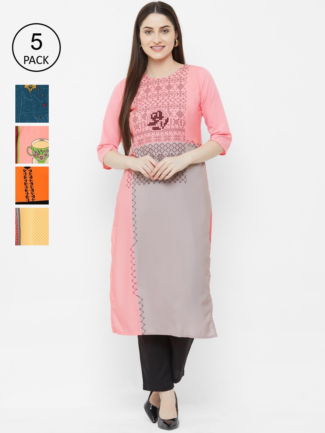 

7Threads Women Pack of 5 Multicoloured Ethnic Motifs Printed Kurtas, Multi