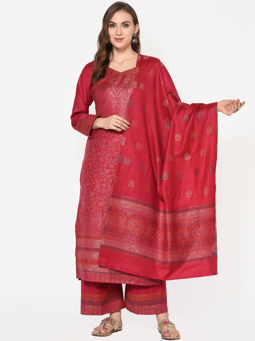 

Safaa Women Marron Viscose Acrylic Woven Design Suit Unstitched Dress Material For Winter, Red