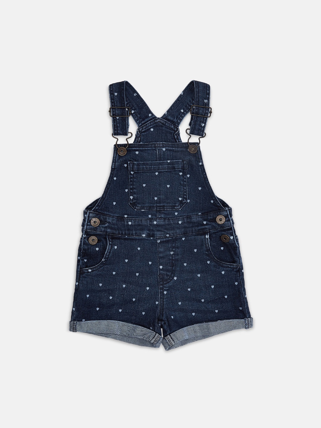 

Pantaloons Junior Girls Blue & Grey Printed Denim Dungarees