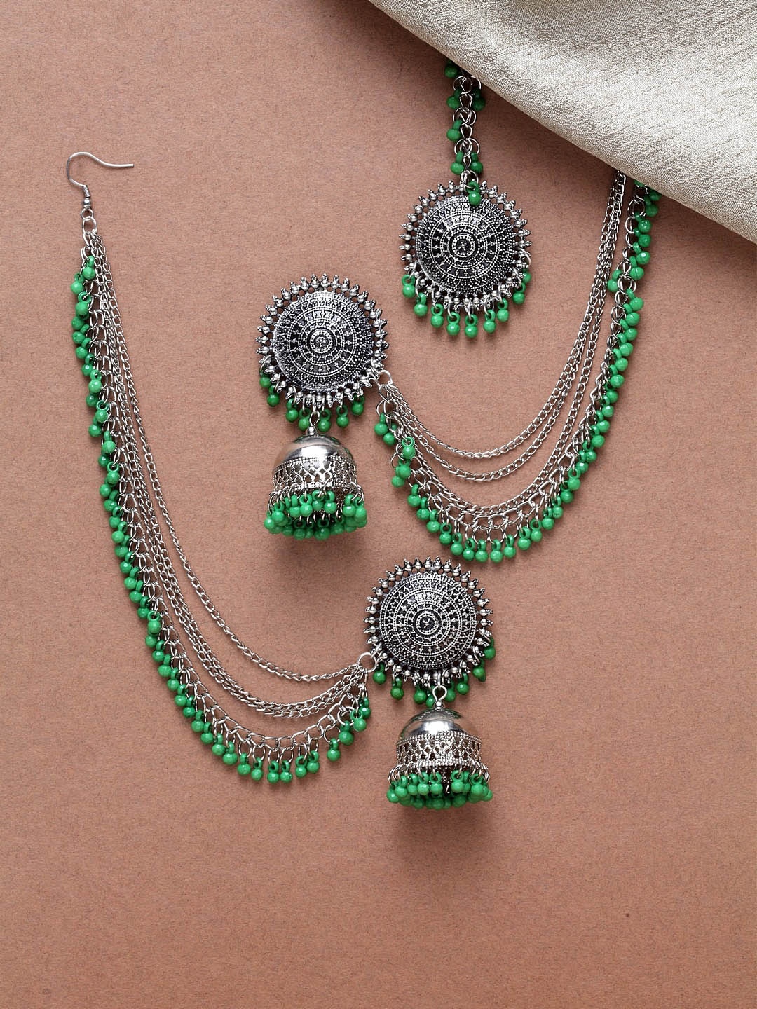 

Shining Diva Silver-Toned & Green Beaded Oxidised Jewellery Set