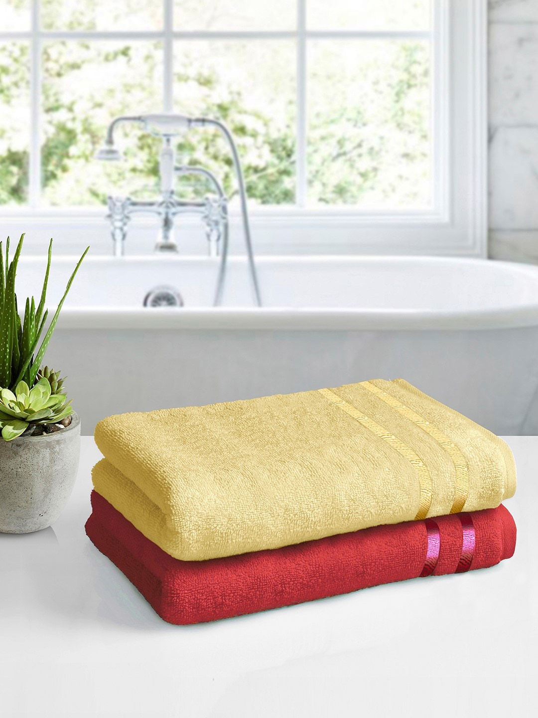 Story@home Set of 2 Yellow & Red Solid Cotton Medium Size Bath Towel