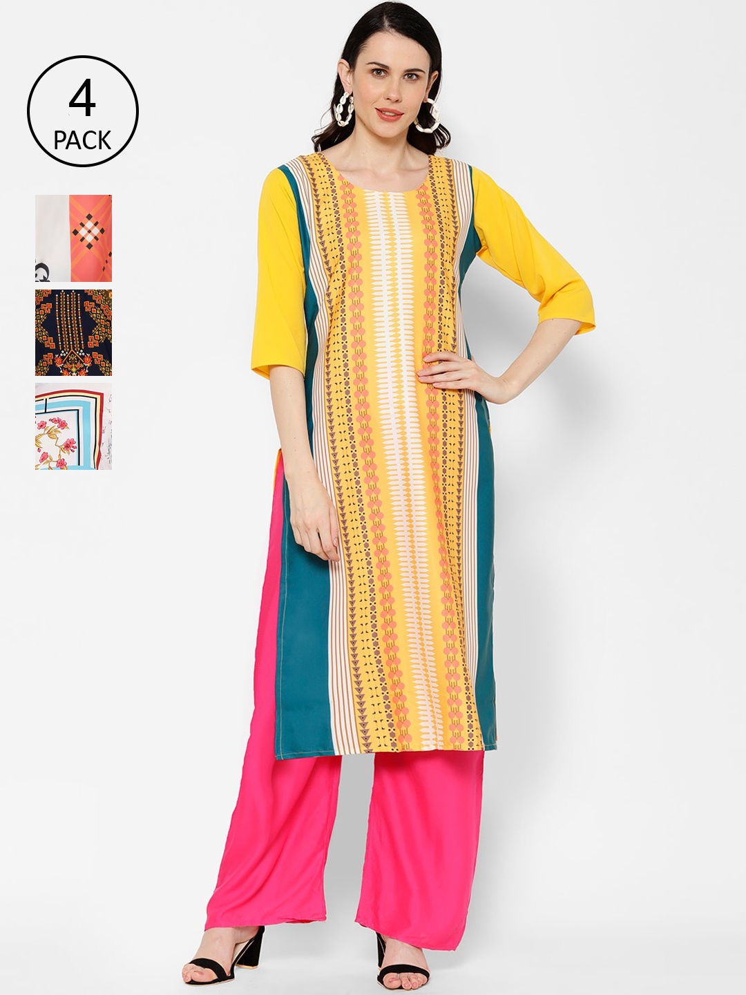 

7Threads Pack Of 4 Multicoloured Striped Kantha Work Crepe Kurta, Multi