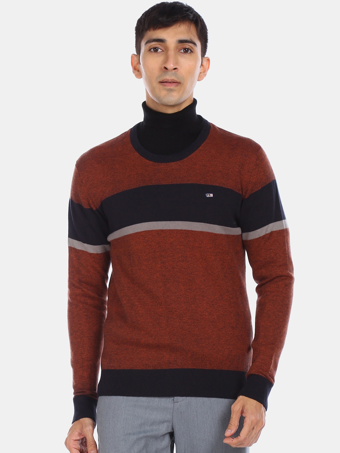 

Arrow Sport Men Brown & Navy Blue Colourblocked Pullover Sweater