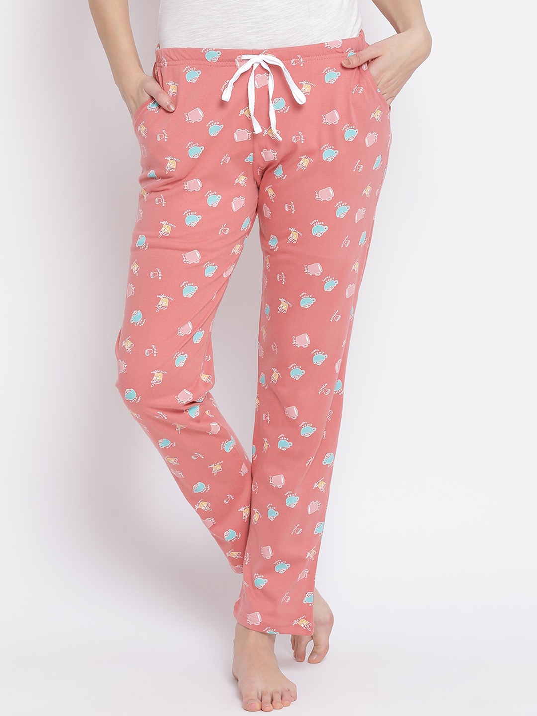 

Kanvin Women Coral Pink & Blue Printed Lounge Pants