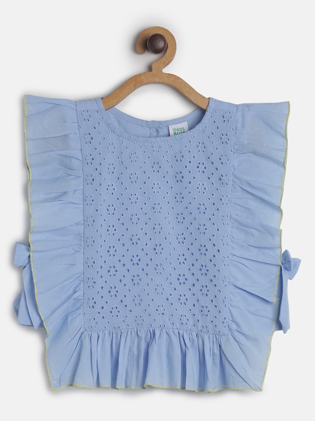 

MINI KLUB Blue Self Design Flutter Sleeves Pure Cotton Top