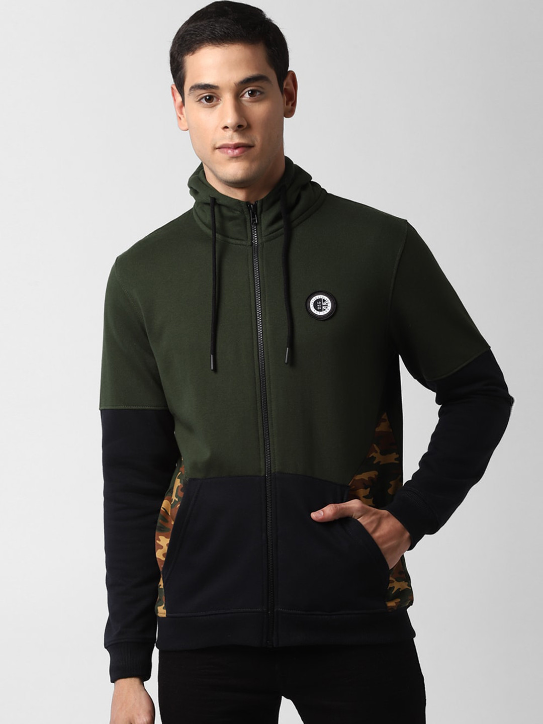 

Peter England Men Olive Green & Black Colourblocked Hooded Sweatshirt