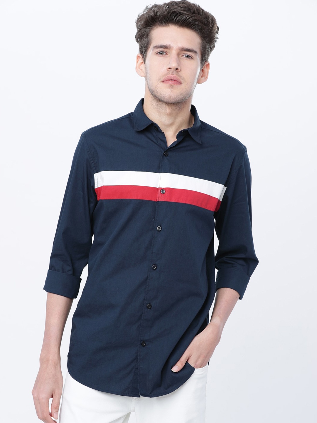 

HIGHLANDER Men Navy Blue Slim Fit Striped Casual Shirt