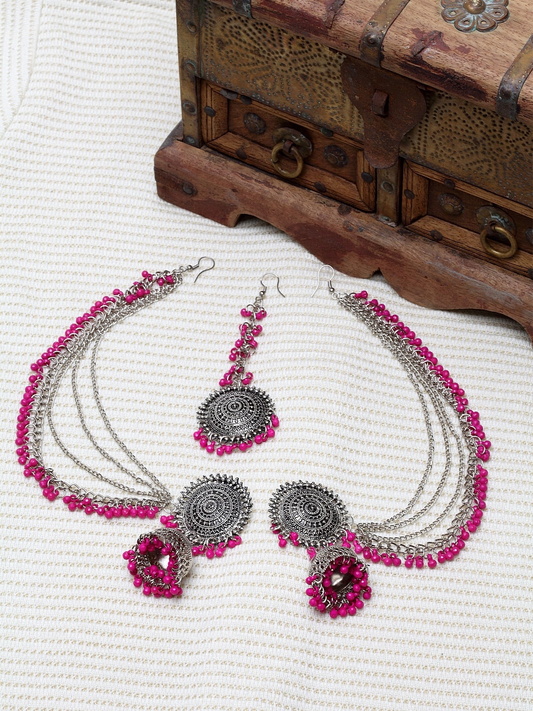 

Shining Diva Oxidized Silver-Toned & Pink Beaded Jewellery Set