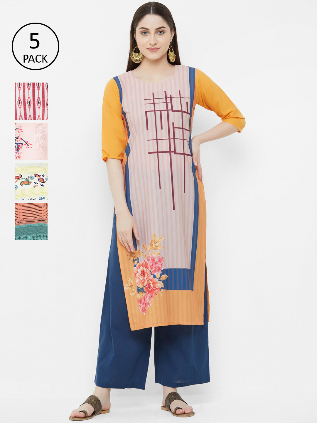 

7Threads Women Pack Of 5 Multicoloured Ethnic Motifs Printed Crepe Kurtas, Multi