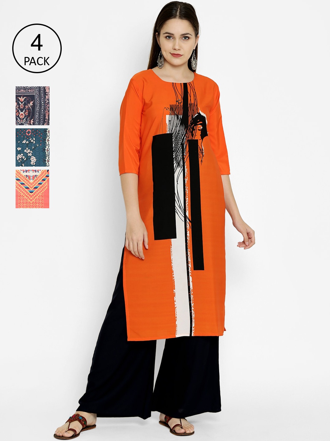 

7Threads Women Pack Of 4 Multicoloured Geometric Printed Crepe Kurtas, Multi