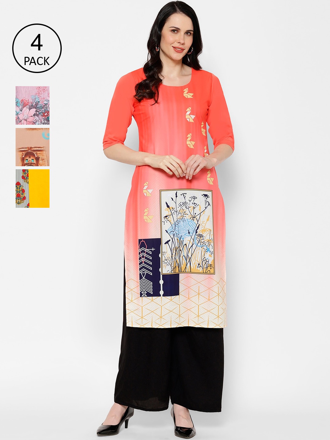 

7Threads Pack Of 4 Multicoloured Quirky Printed Crepe Kurta, Multi