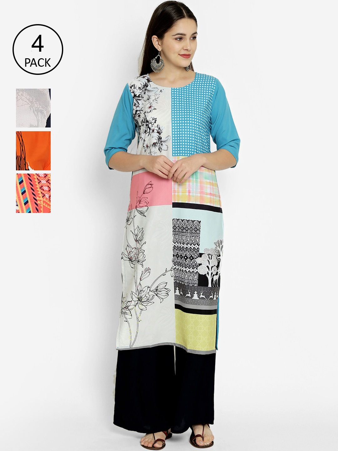 

7Threads Pack of 4 Ethnic Motifs Printed Crepe Kurta, Multi