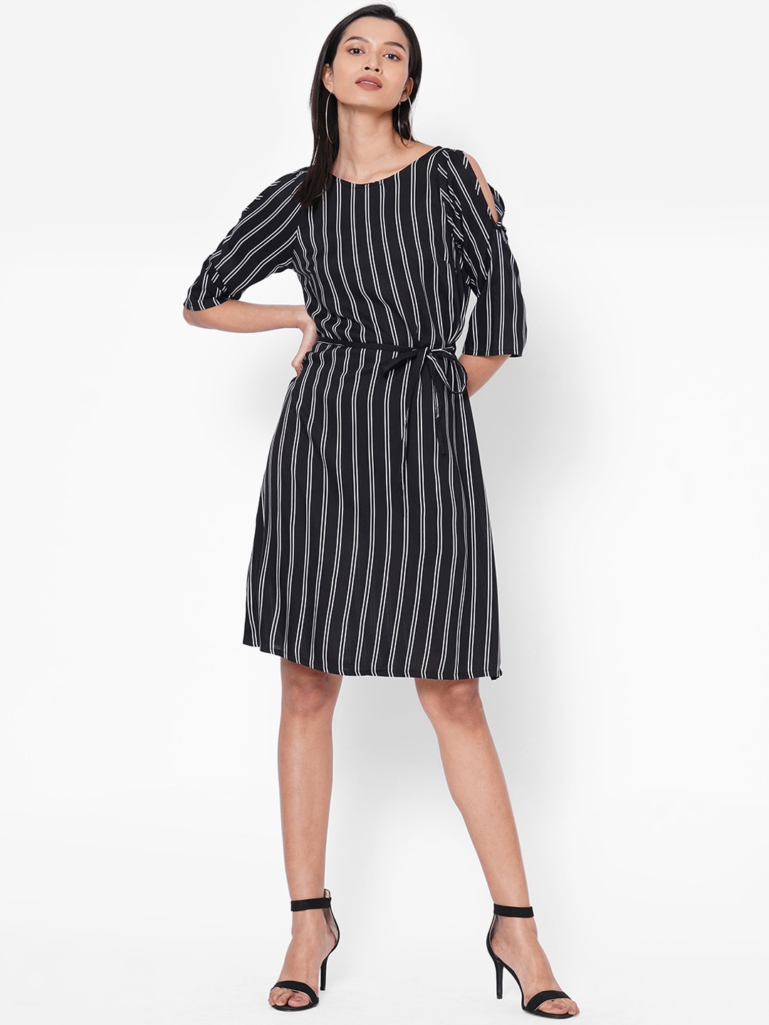 

109F Women Black Striped Fit and Flare Dress