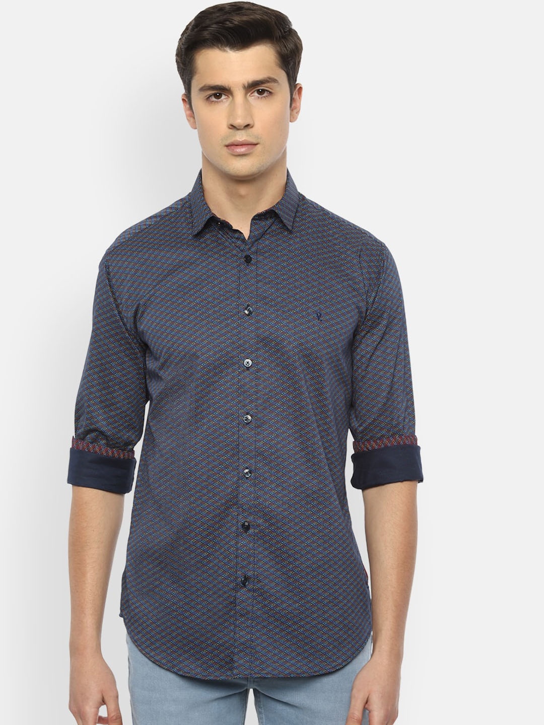 

V Dot Men Navy Blue & Yellow Slim Fit Printed Casual Shirt