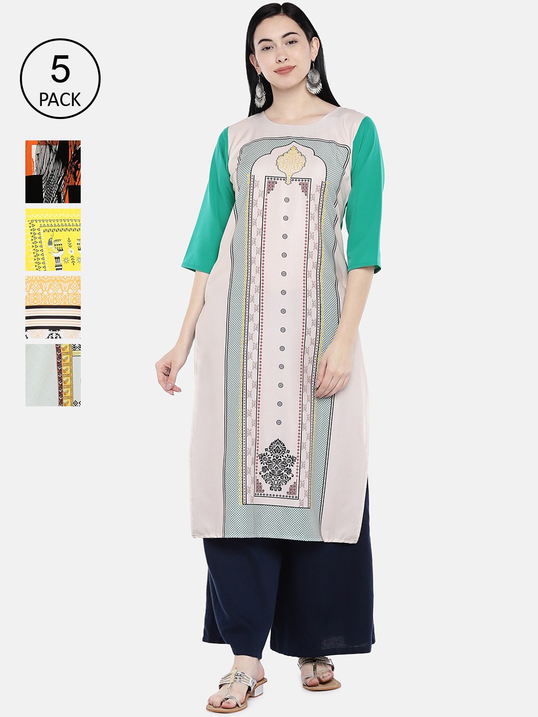 

7Threads Multicoloured Pack of 5 Ethnic Motifs Printed Crepe Kurta, Multi