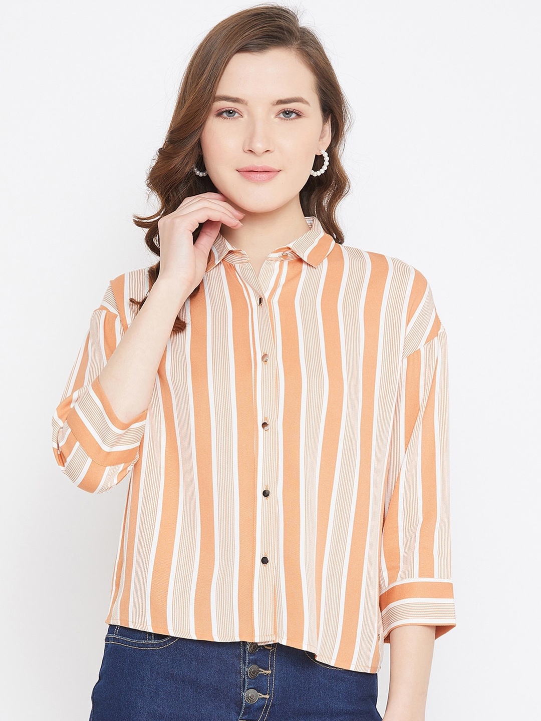 

Octave Women Orange & White Striped Shirt Style Top