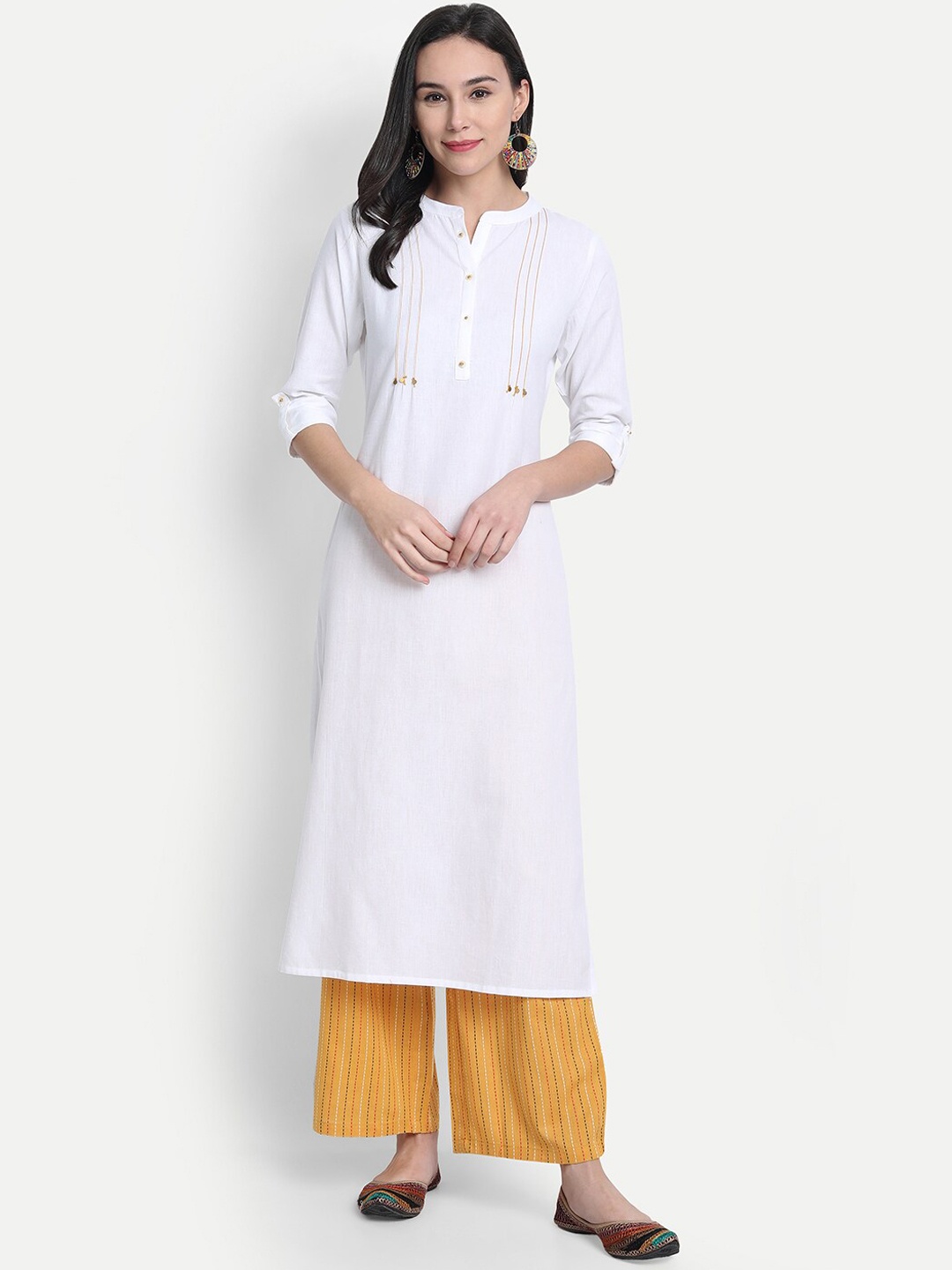 

Janasya Women White & Yellow Yoke Design Kurta with Palazzos