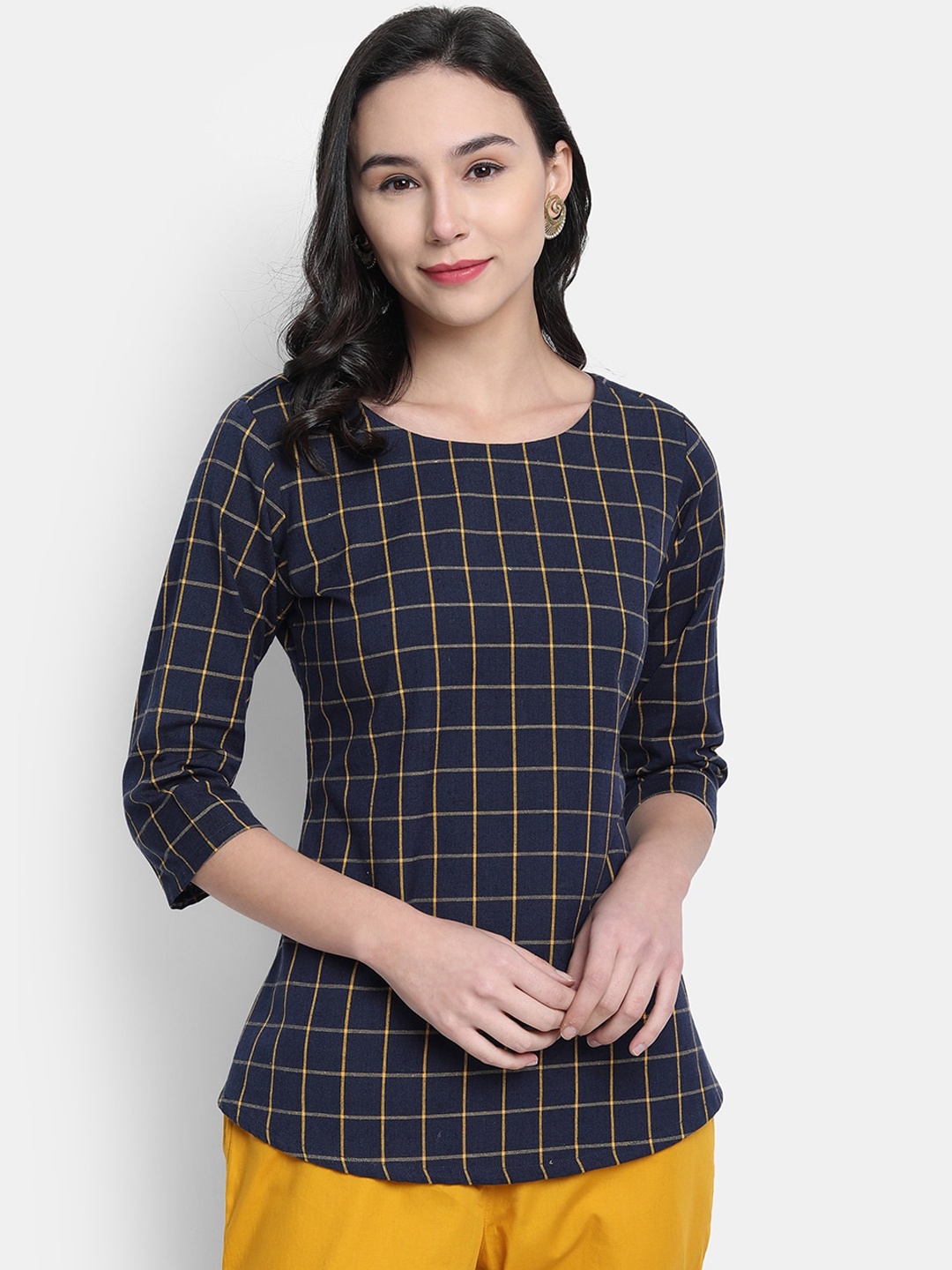 

Janasya Women Navy Blue Checked Pure Cotton Top
