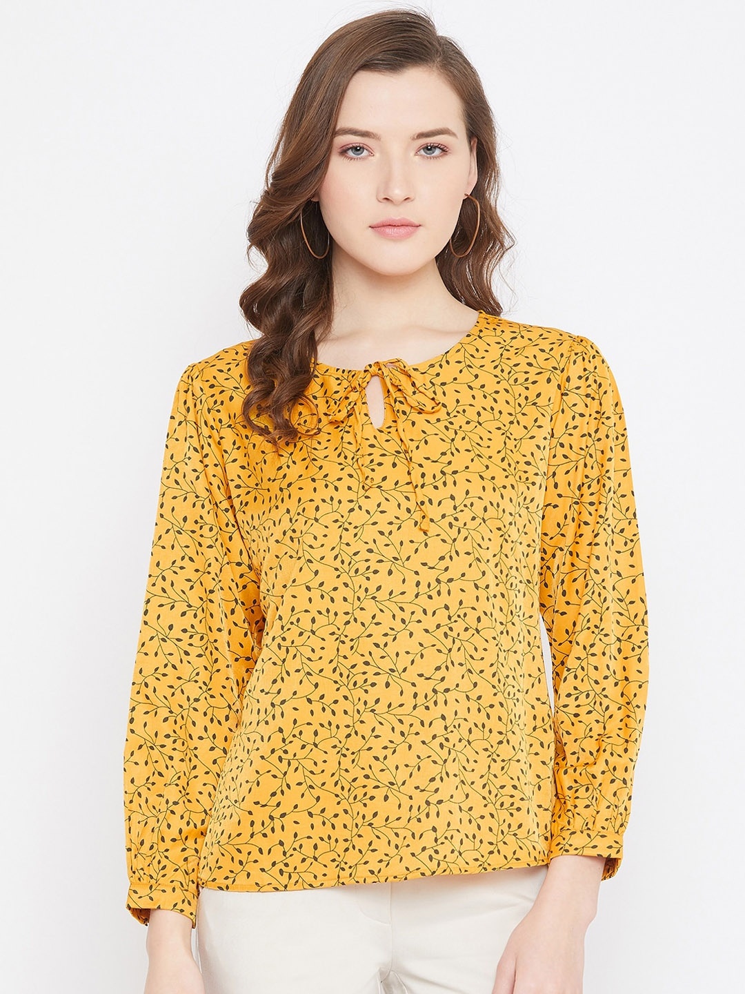 

Octave Women Yellow Floral Printed Tie-Up Neck Top