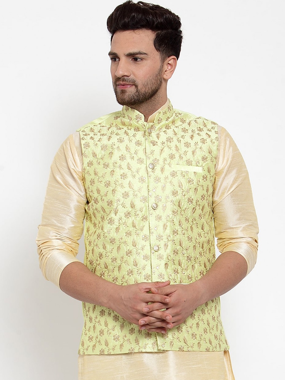 

GRACIT Men Lime Green & Gold-Coloured Zari Embroidered Nehru Jacket