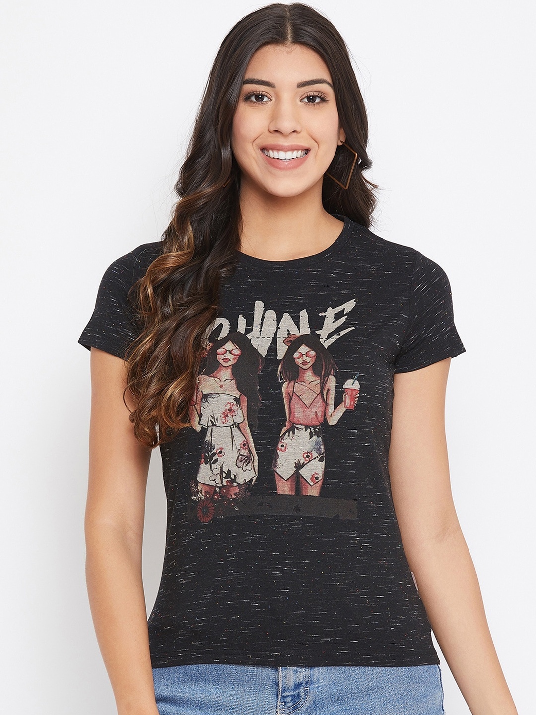 

Crimsoune Club Women Black Printed Round Neck T-shirt