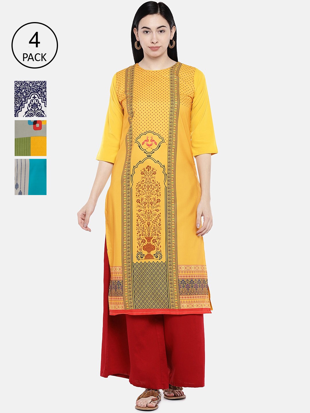 

7Threads Multicoloured Pack of 4 Ethnic Motifs Printed Crepe Kurta, Multi