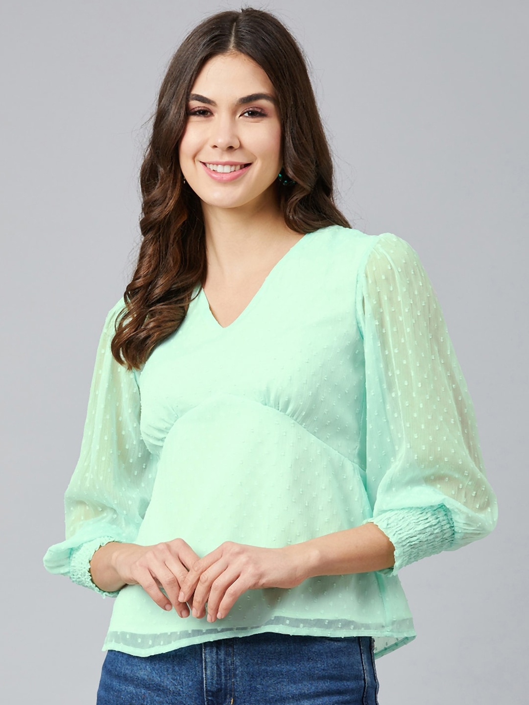 

RARE Green Puff Sleeves Georgette Empire Top