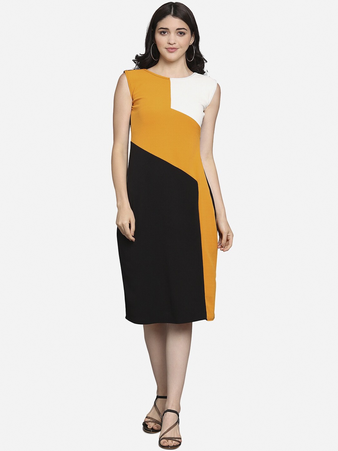 

PURVAJA Women Black & Yellow Colourblocked Sheath Dress