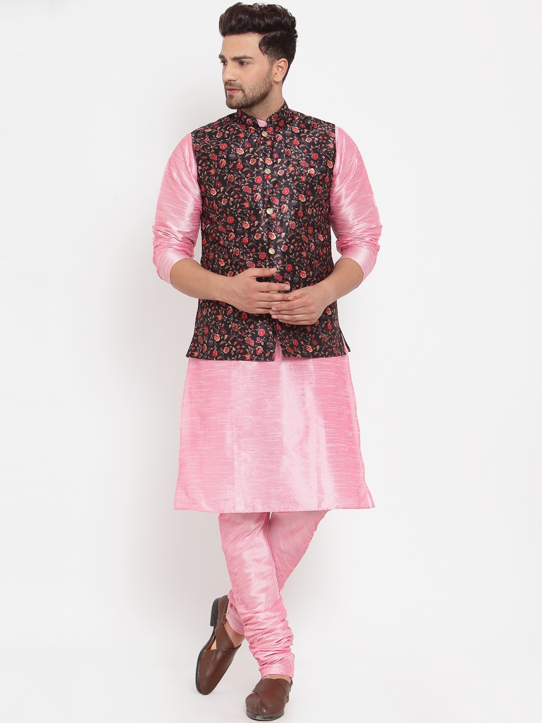 GRACIT Men Pink Solid Kurta & Pyjamas with Nehru Jacket