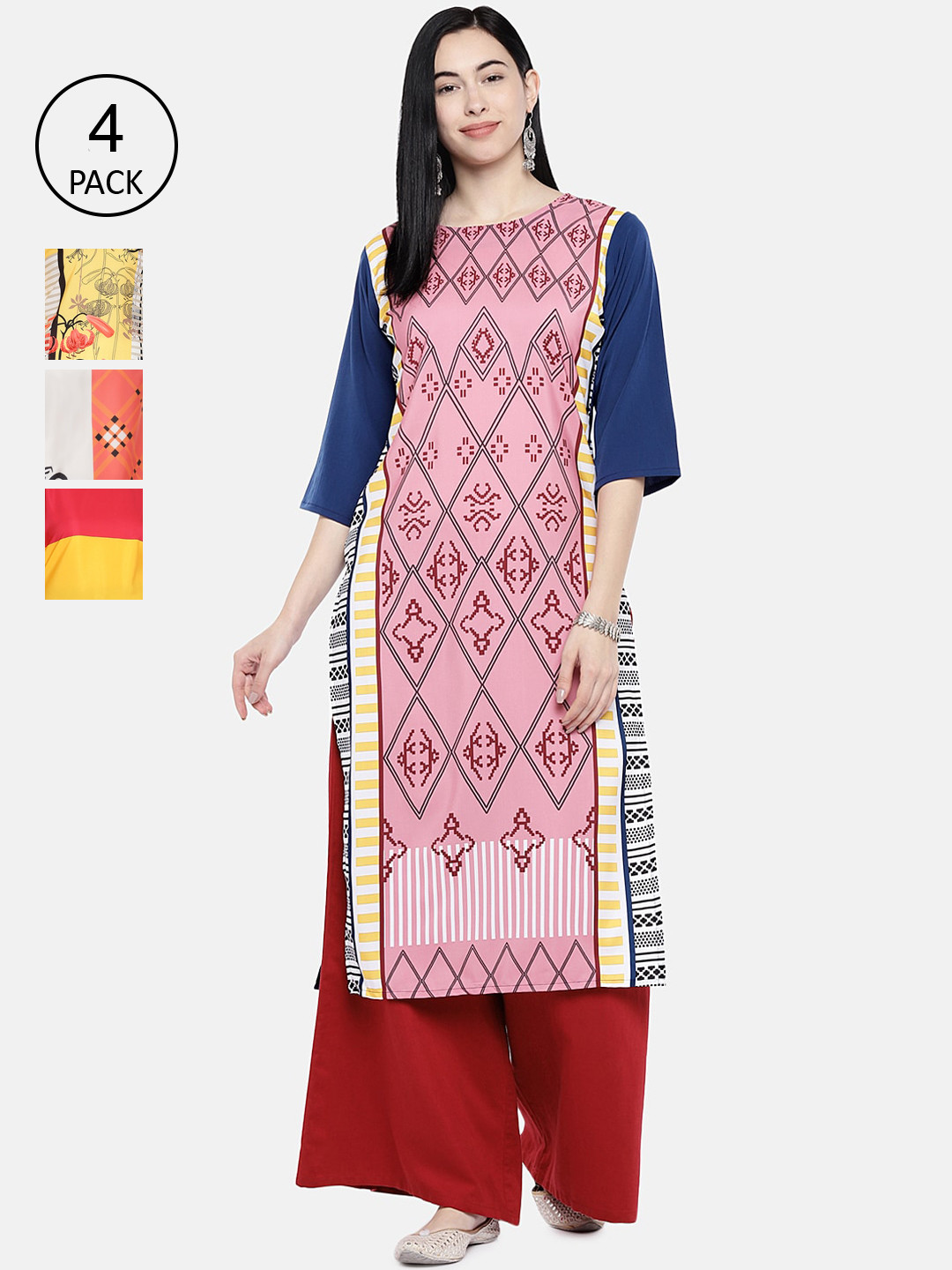 

7Threads Multicoloured Pack of 4 Geometric Printed Crepe Kurta, Multi