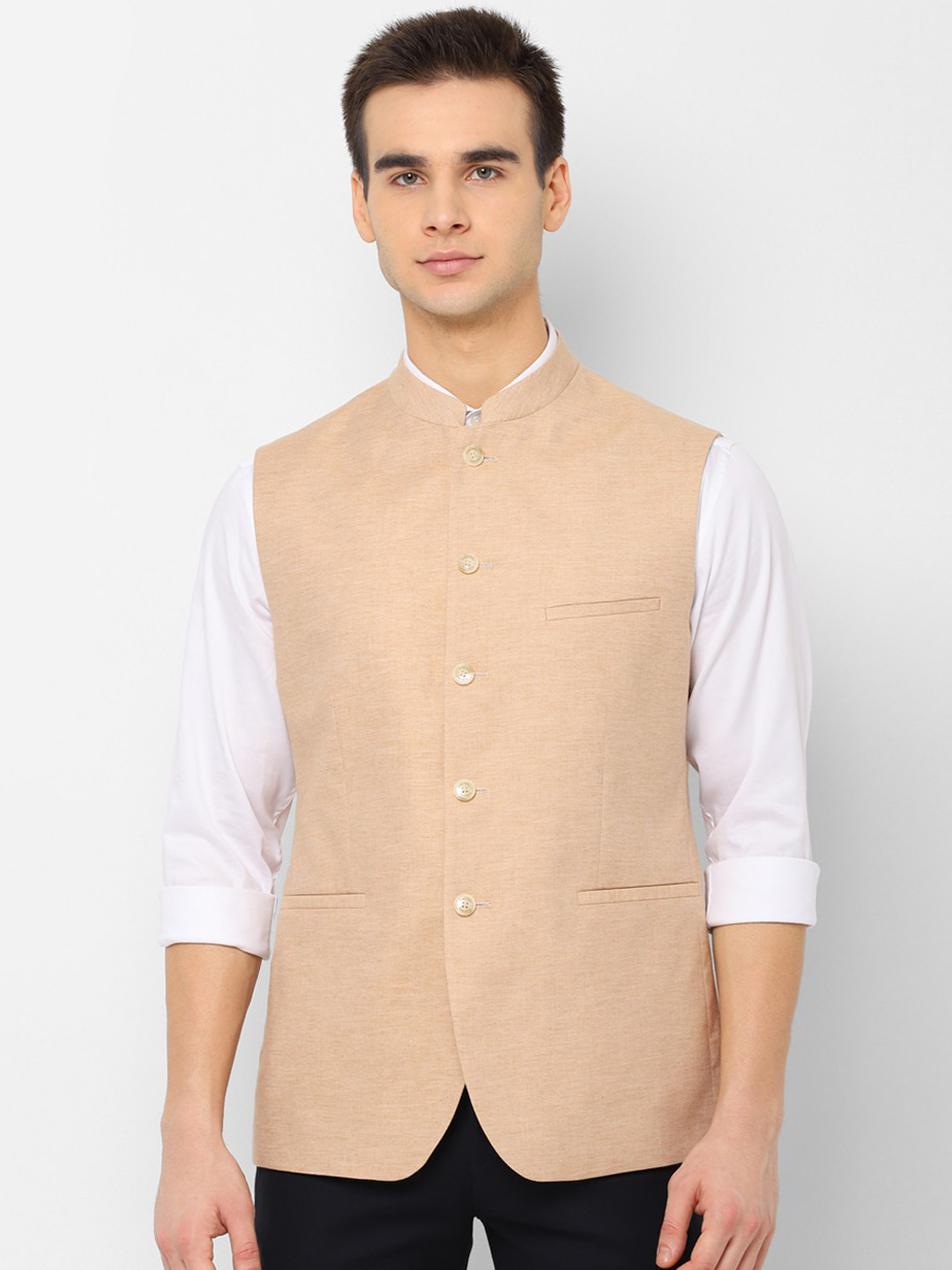 

Allen Solly Men Beige Solid Slim Fit Nehru Jacket