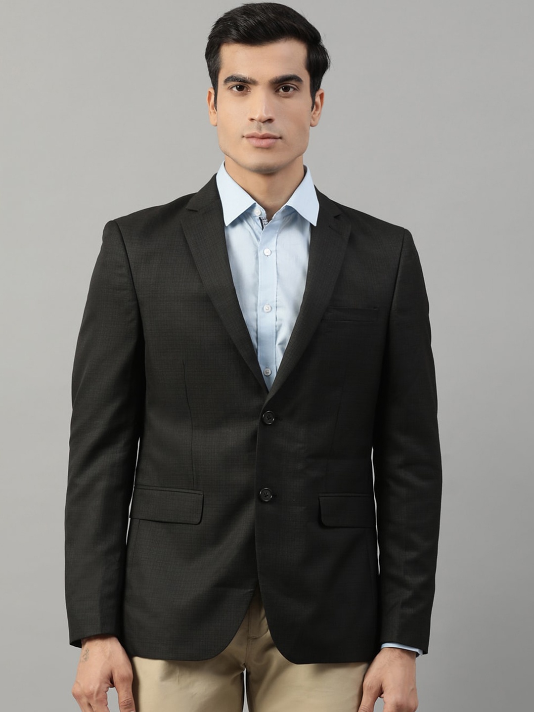 

HARSAM Men Charcoal Grey Self-Design Single-Breasted Formal Blazer