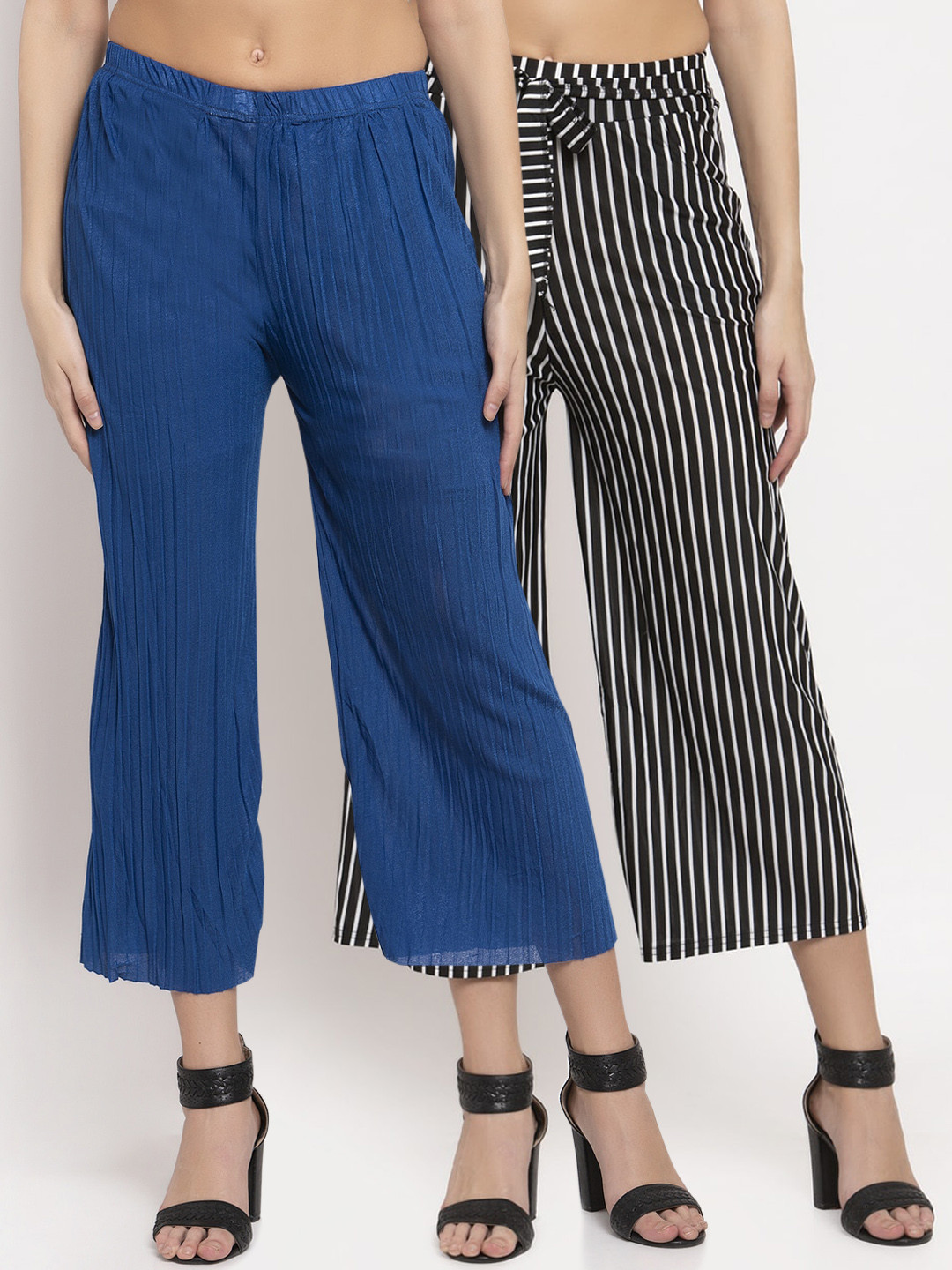 

KLOTTHE Women Pack of 2 Black & Blue Printed Wide Leg Palazzos