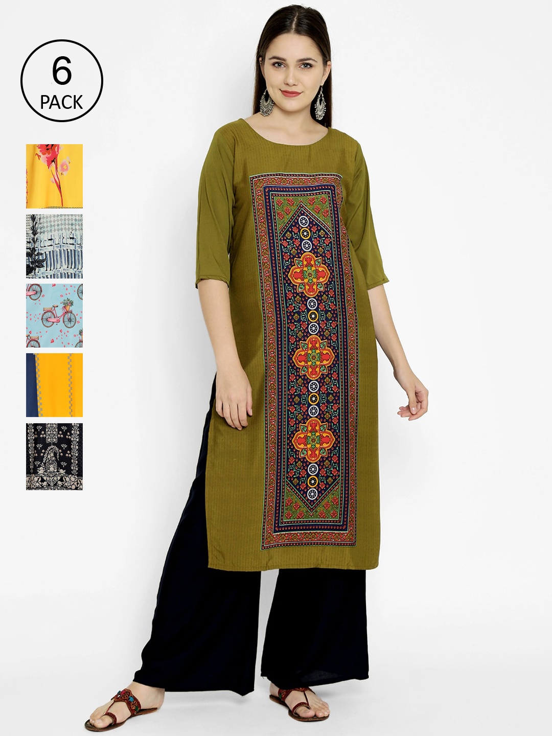 7Threads Women Pack of 6 Multicoloured Digital Print Kurtas, Multi