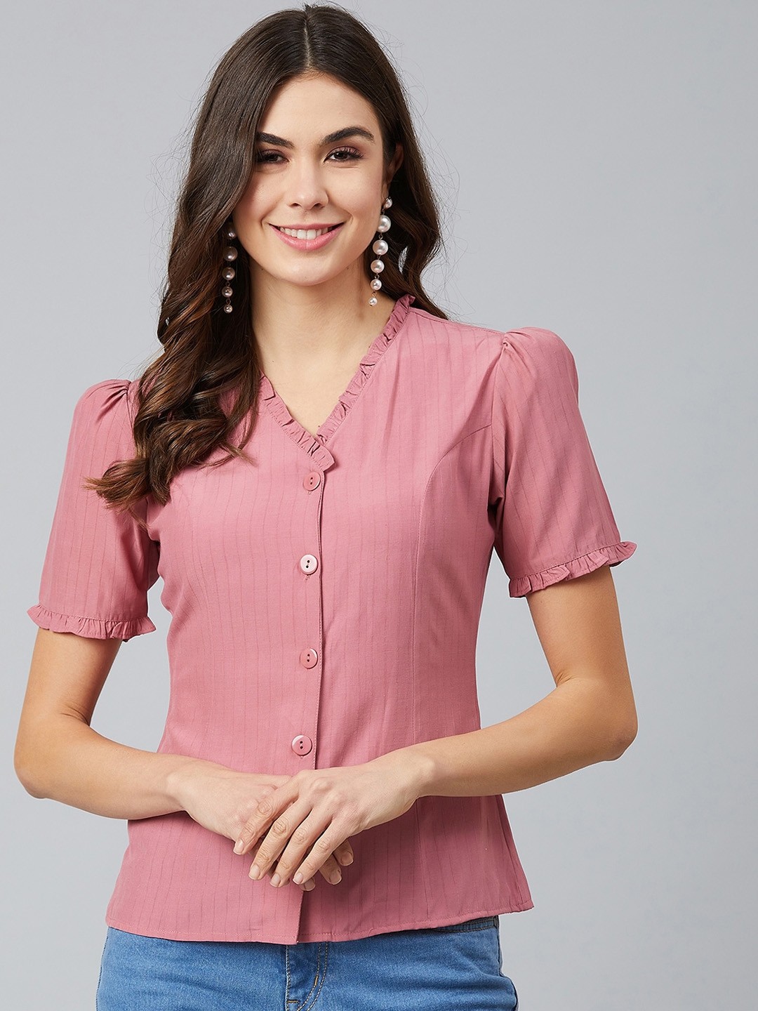 

Marie Claire Pink Puff Sleeves Georgette Shirt Style Top