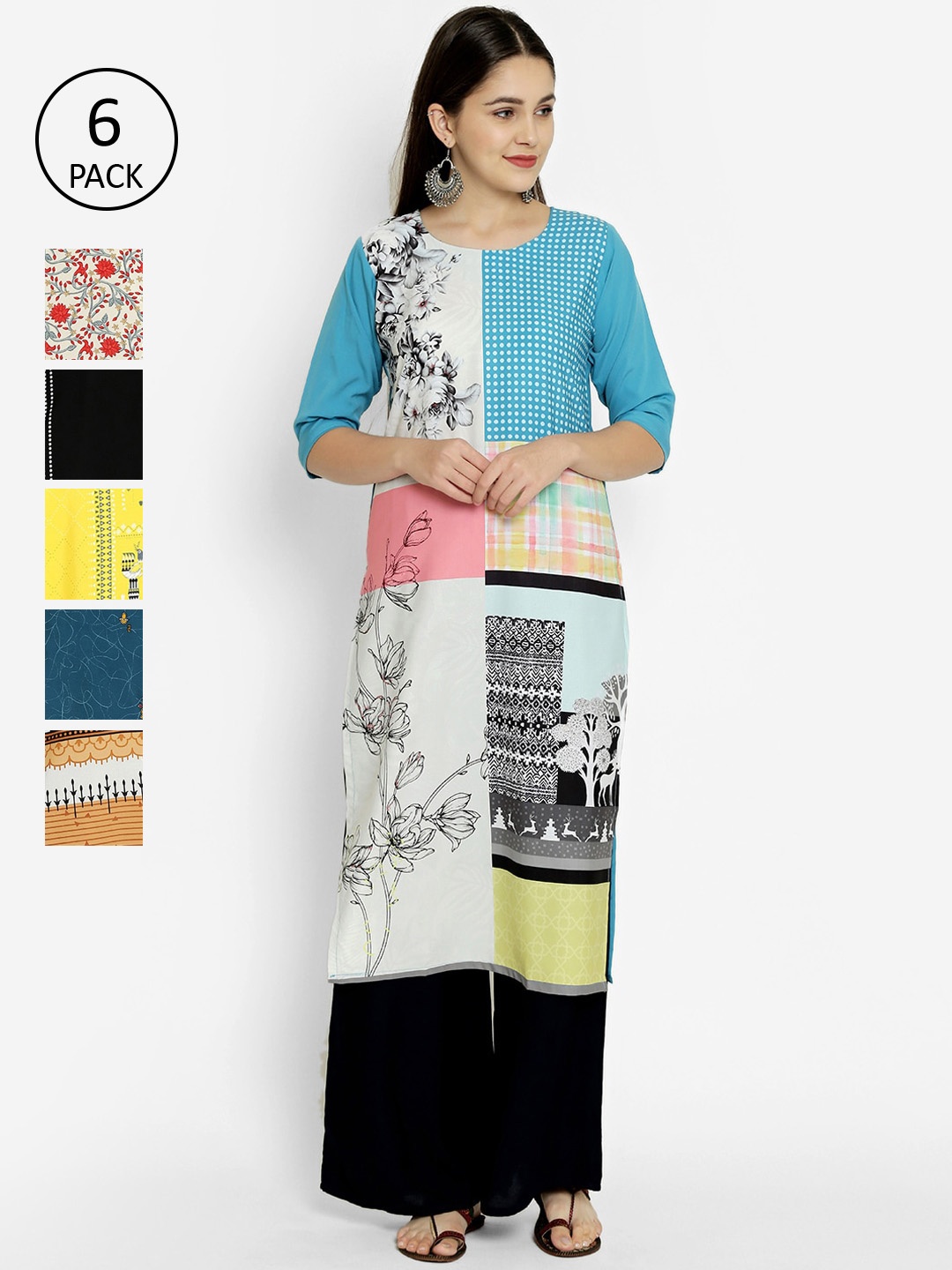 

7Threads Pack of 6 Printed Crepe Kurta, Multi
